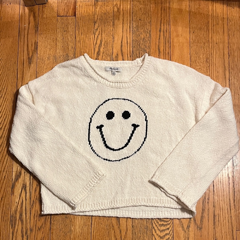 Madewell Cream Knit Sweater with Smiley Face Design